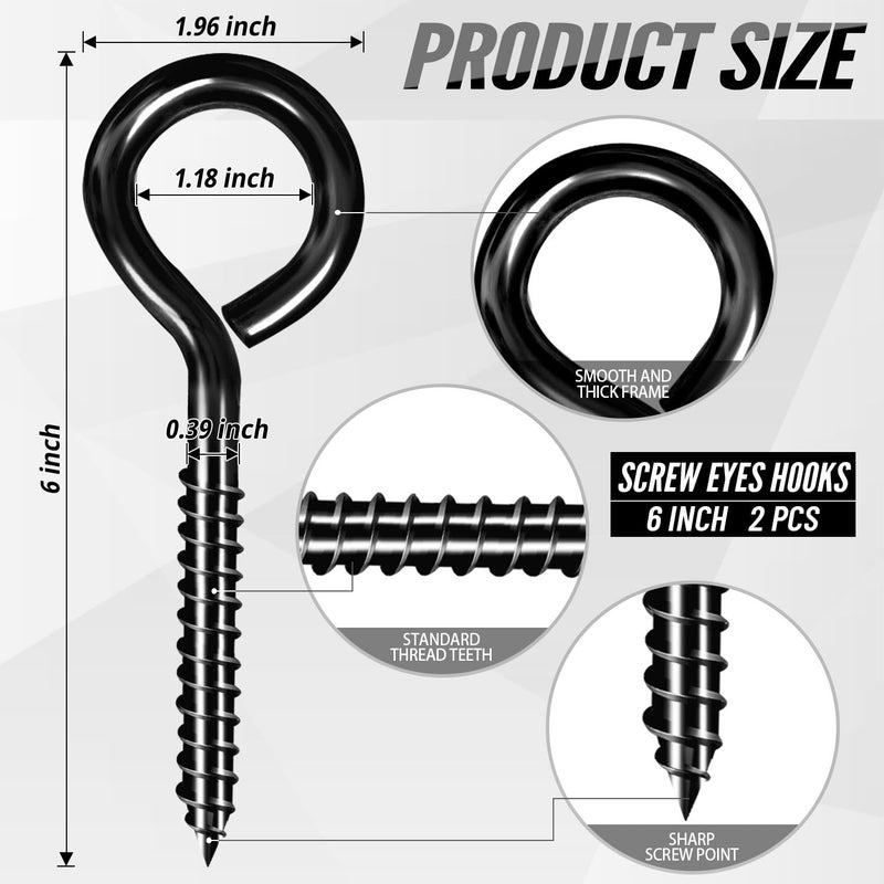 ZAUGONTW 2PCS 6 Inch Heavy Duty Screw Eyes Hooks  Self Tapping Eyelet Screws Eye Bolts  800LBS Breaking Strength  Screw in Eye Hooks for Wood Securing Cables Wire - Image 2